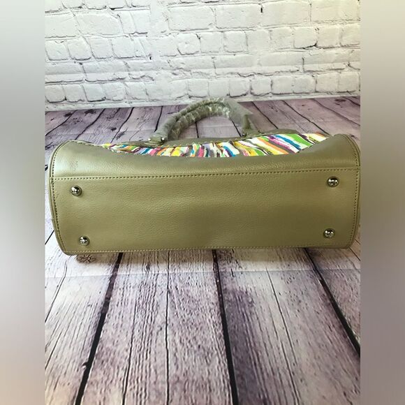 NWT Baekgaard Tan Leather Frame Shoulder Bag Watercolor Stripe Side Pockets - Picture 6 of 11